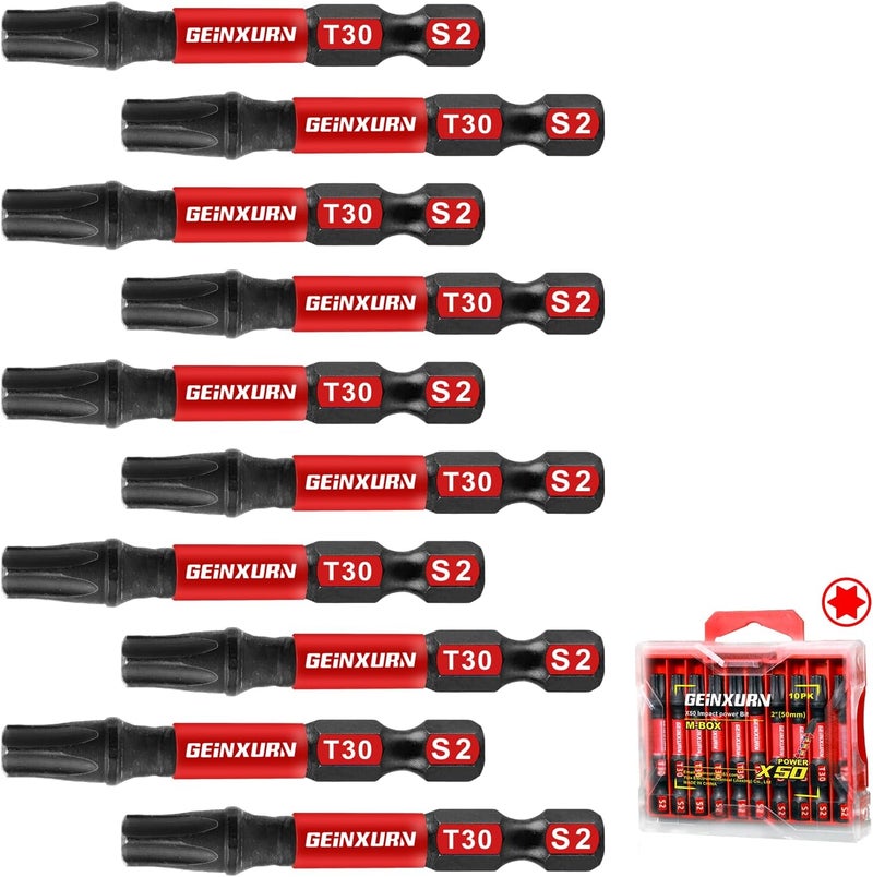 GEINXURN 10Pieces 2 In. T30 Impact Tough Magnetic Screwdriver Bit Set, #30 Torx Head Power Bits, S2 Alloy Steel Star Bits with Storage M-Box - Image 1